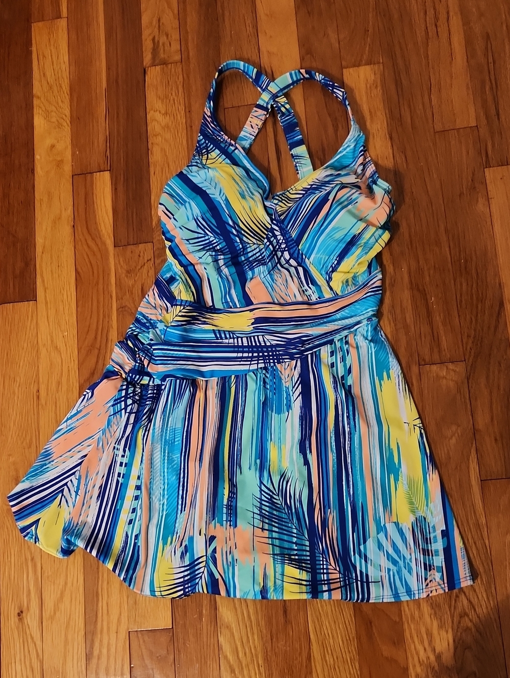 Denim & Co Beach Multicolor V Neck Ruched One-Piece Swim Dress NWT Size 8